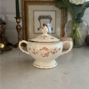 Vintage POPE GOSSER Florence Rim Sugar Bowl&Lid with Scalloped Edge Gold Trim